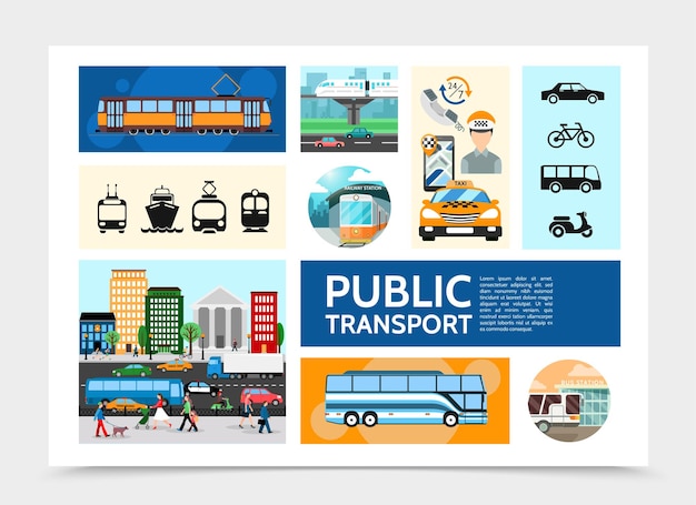 Free Vector flat public transport infographic with tram taxi operator road traffic bus subway cruise ship scooter bicycle illustration