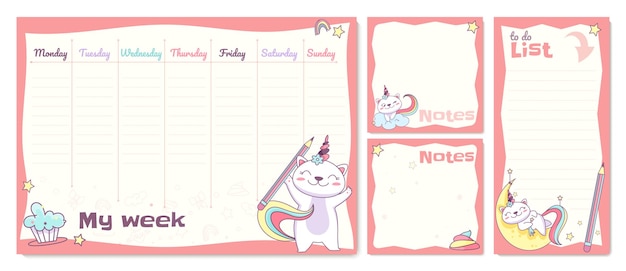 Free Vector flat school timetable schedule for kids with with cute unicorn cat