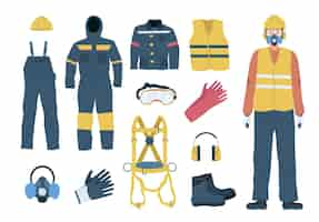 Free vector flat set of color personal protective equipment and male worker wearing vest helmet respirator glasses isolated vector illustration