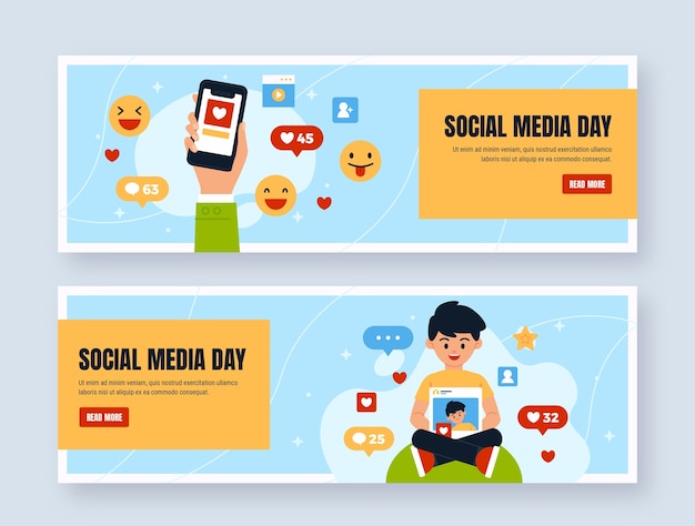 Free Vector flat social media day horizontal banners collection