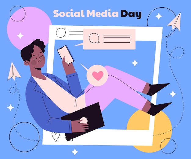 Free Vector flat social media day illustration with person and smartphone