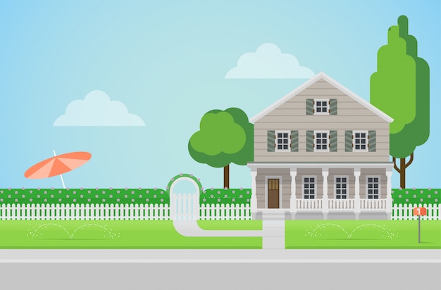 Free Vector flat style countryside family house with backyard lawn concept.