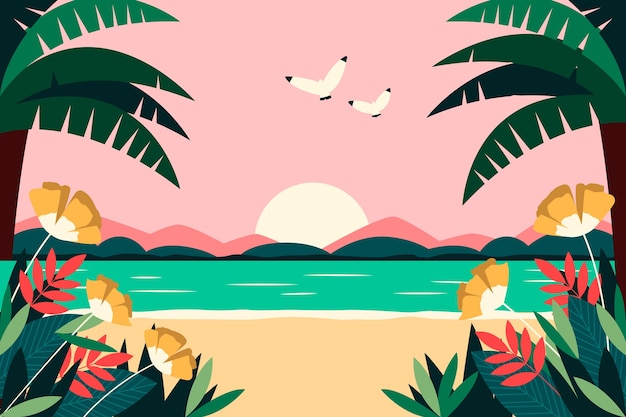 Flat summer background with beach view