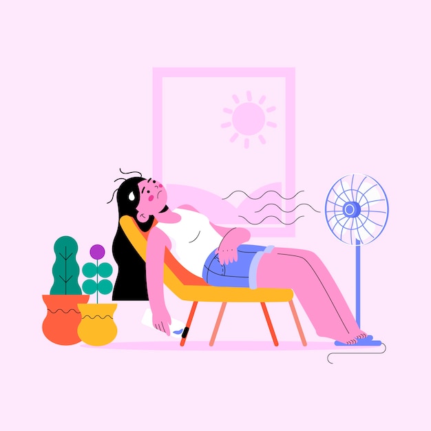 Free Vector flat summer heat illustration with woman in front of fan