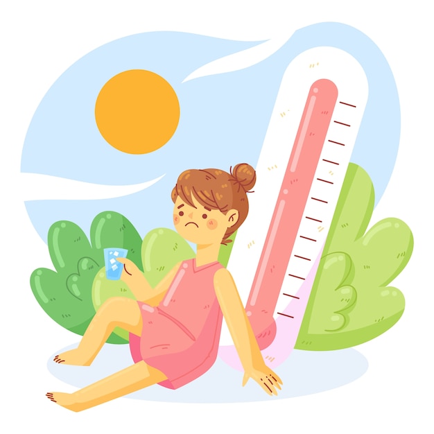 Free Vector flat summer heat illustration with woman holding glass of water and thermometer