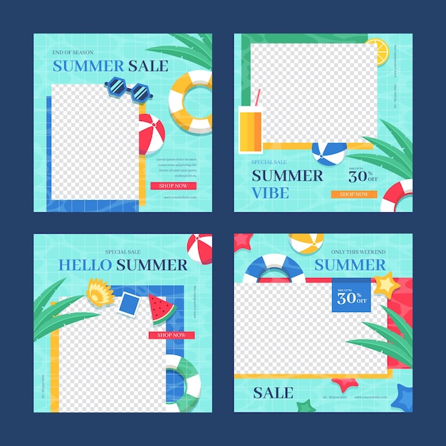 Free Vector flat summer instagram posts collection with photo