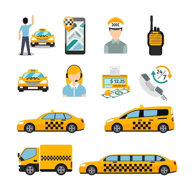 Free Vector flat taxi icons. transportation service. cab and vehicle, automobile traffic business. 