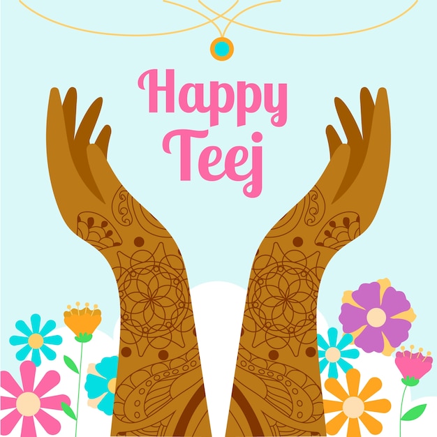 Free Vector flat teej illustration with hands covered in henna