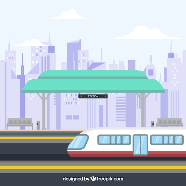 Free vector flat train station with buildings background