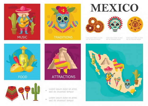 Flat Travel To Mexico concept with mexican traditional food famous sights music and culture traditions 