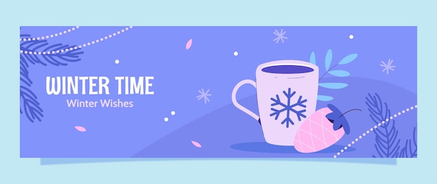 Flat twitter header template for winter with mug and acorn