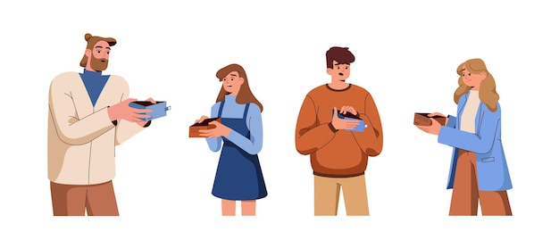 Free Vector flat unhappy people holding open empty wallet with no pocket money