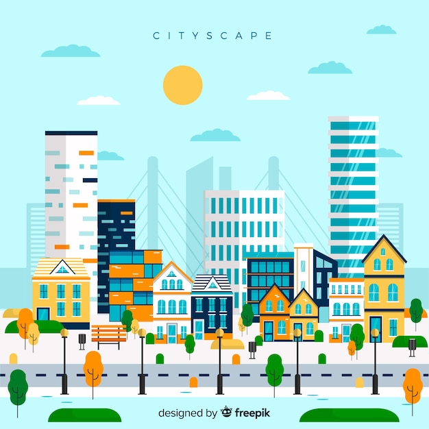 Free vector flat urban landscape with office buildings