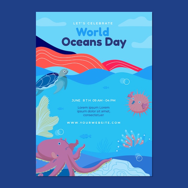 Free Vector flat vertical flyer template for world oceans day with aquatic creatures