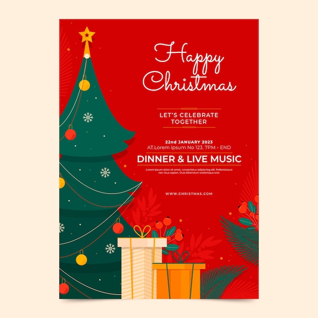 Free Vector flat vertical poster template for christmas season celebration with tree and presents