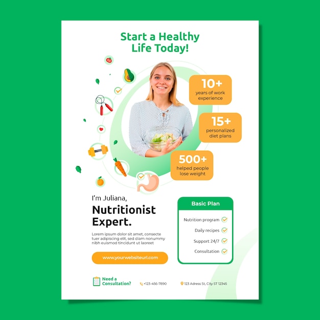 Flat vertical poster template for nutritionist