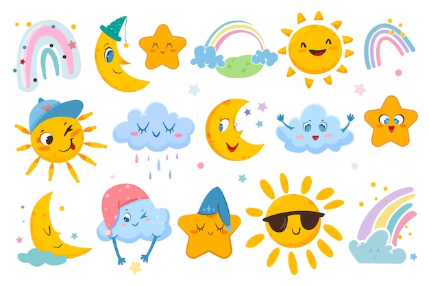 Free vector flat weather set with cute sun moon clouds starts and rainbow