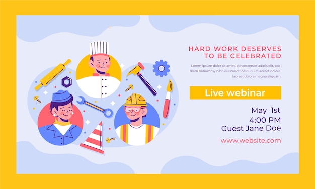 Vettore gratuito modello di webinar piatto per la celebrazione della festa del lavoro del 1° maggio