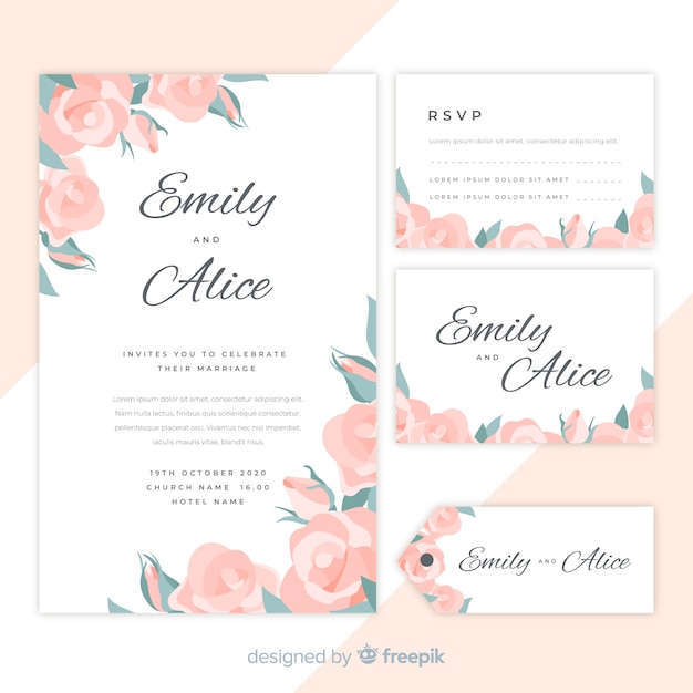 Free vector flat wedding stationery template collection