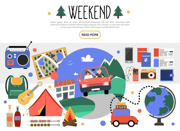 Free Vector flat weekend elements set with car traveling camping radio map guitar backpack barbecue