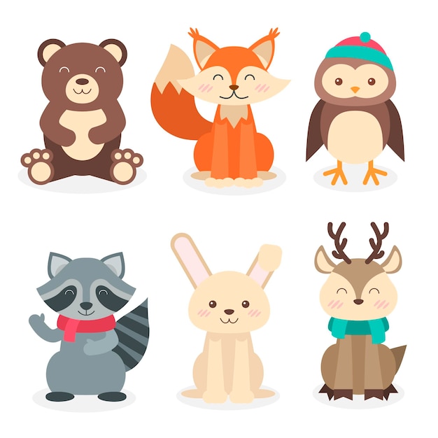 Flat winter animals collection