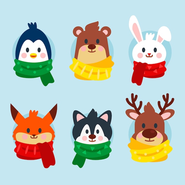 Flat winter animals collection