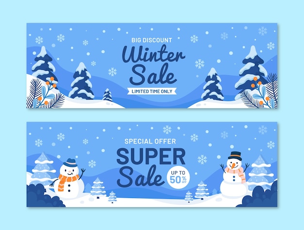 Free vector flat winter horizontal sale banners set