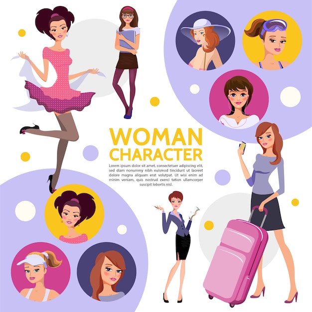 Free vector flat woman characters composition with secretary student sportswoman businesswoman elegant