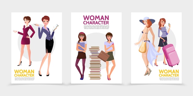 Flat woman characters posters with businesswoman secretary young students near stack of books