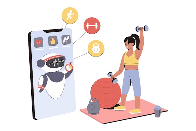 Flat woman using ai fitness robot for healthy sport training