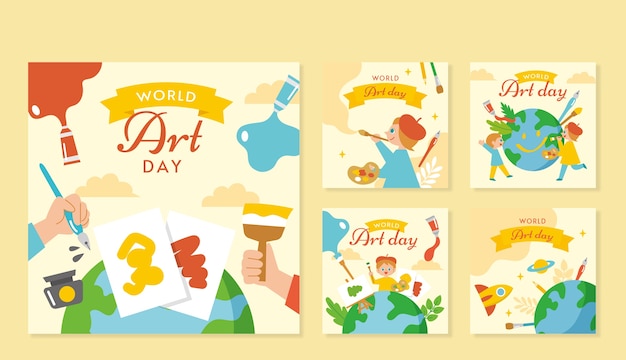 Free vector flat world art day instagram posts collection