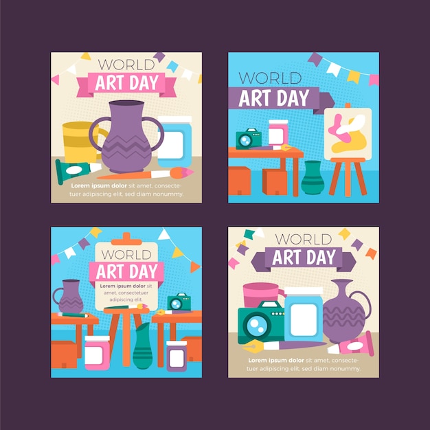 Free Vector flat world art day instagram posts collection