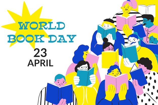 Flat world book day background with people reading books