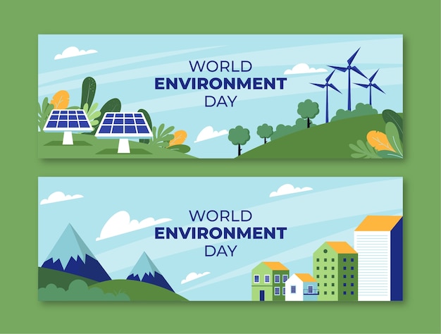 Flat world environment day horizontal banners set with solar panels and wind turbines