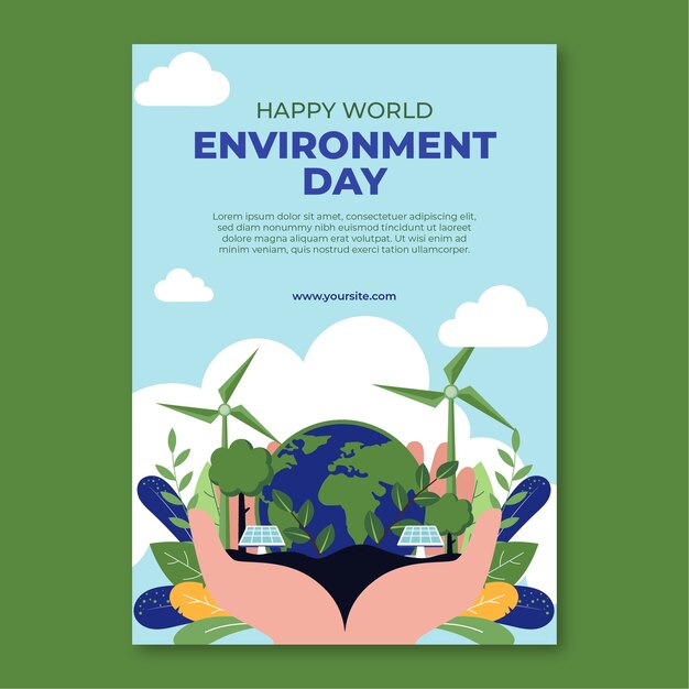 Flat world environment day vertical poster template with hands holding planet