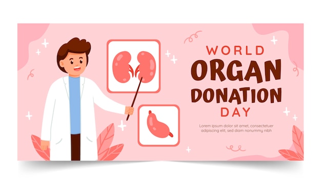 Flat world organ donation day horizontal banner template with medic showing kidneys