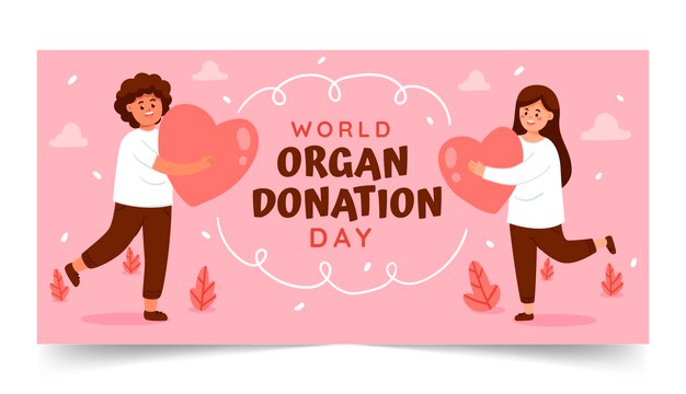 Flat world organ donation day horizontal banner template with people holding hearts