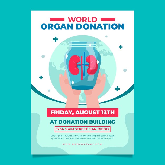 Flat world organ donation day vertical poster template with hands holding jar of kidneys