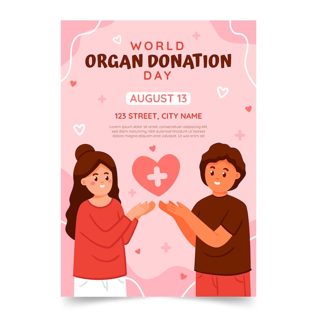 Flat world organ donation day vertical poster template with people showing heart