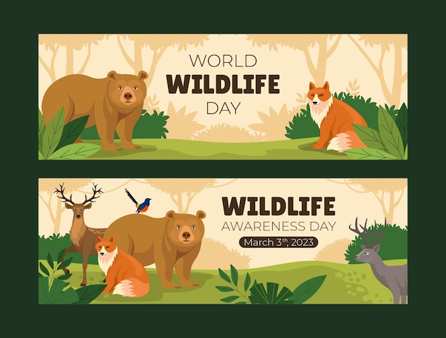 Free vector flat world wildlife day horizontal banner template with animals