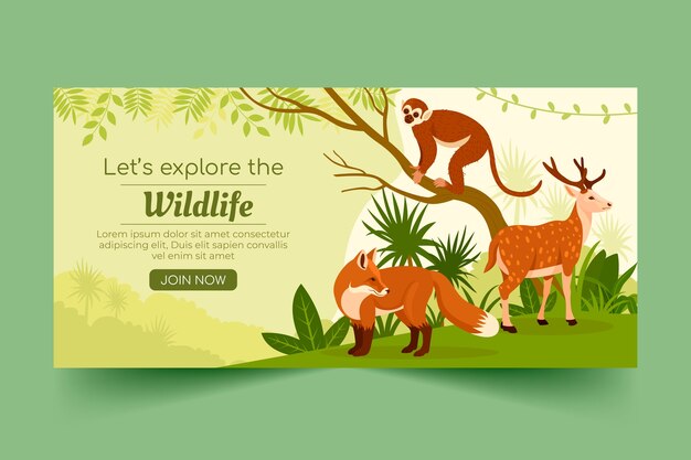 Flat world wildlife day horizontal banner template with fauna and flora