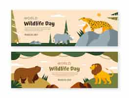 Free vector flat world wildlife day horizontal banners set with fauna and flora