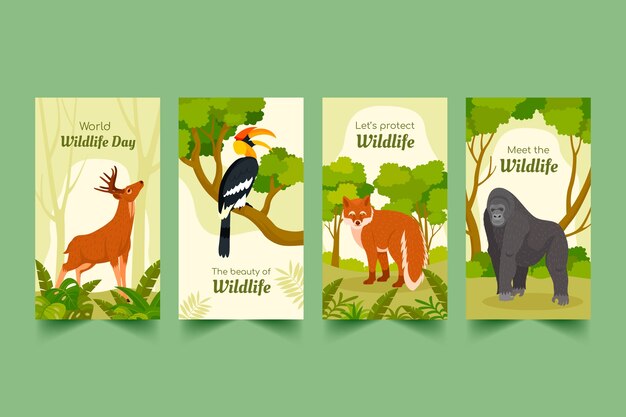 Flat world wildlife day instagram stories collection with fauna and flora