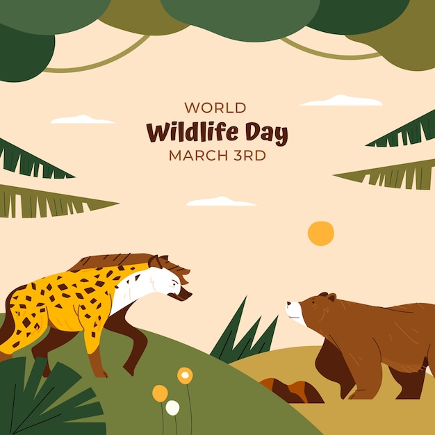 Free vector flat world wildlife illustration with flora and fauna