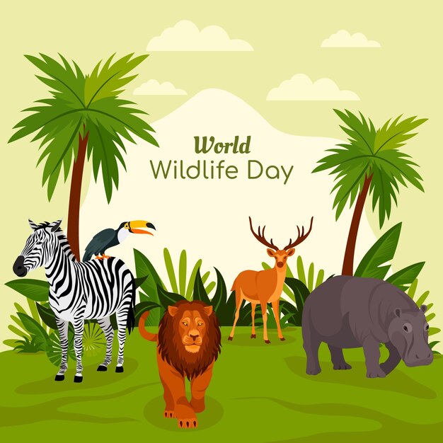 Flat world wildlife illustration with flora and fauna