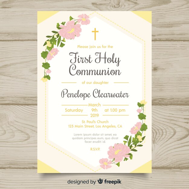 Floral first communion invitation template