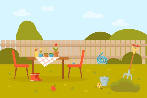 Free Vector flowers in pots on table and chairs in garden with fence.