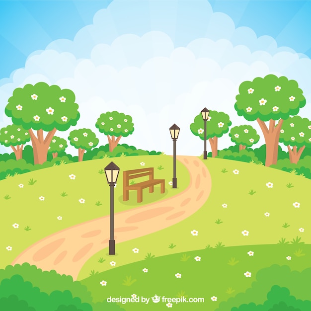 Free vector flowery garden with a bench