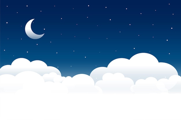 Free Vector fluffy clouds night scene with moon and stars