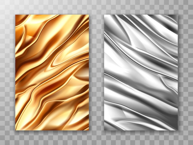 Free Vector foil golden and silver, crumpled metal texture set